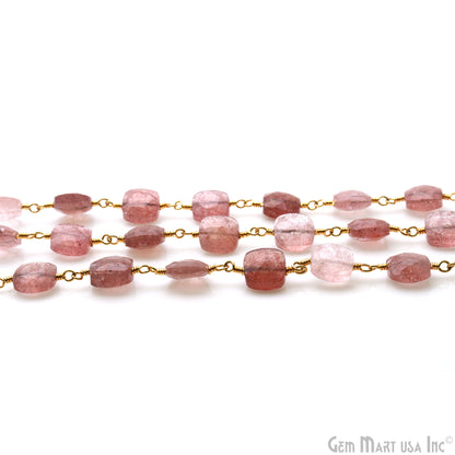 Strawberry Quartz 7-8mm Square Beads Gold Plated Rosary Chain