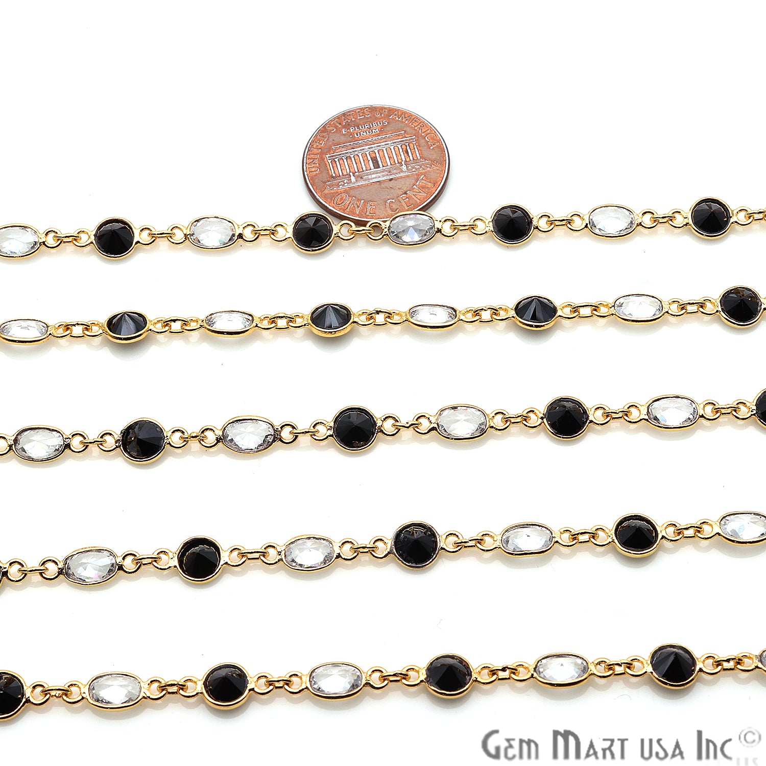 White Zirconia and Black Zirconia Gemstone Bezeled Gold Plated Continuous Connector Chain - GemMartUSA