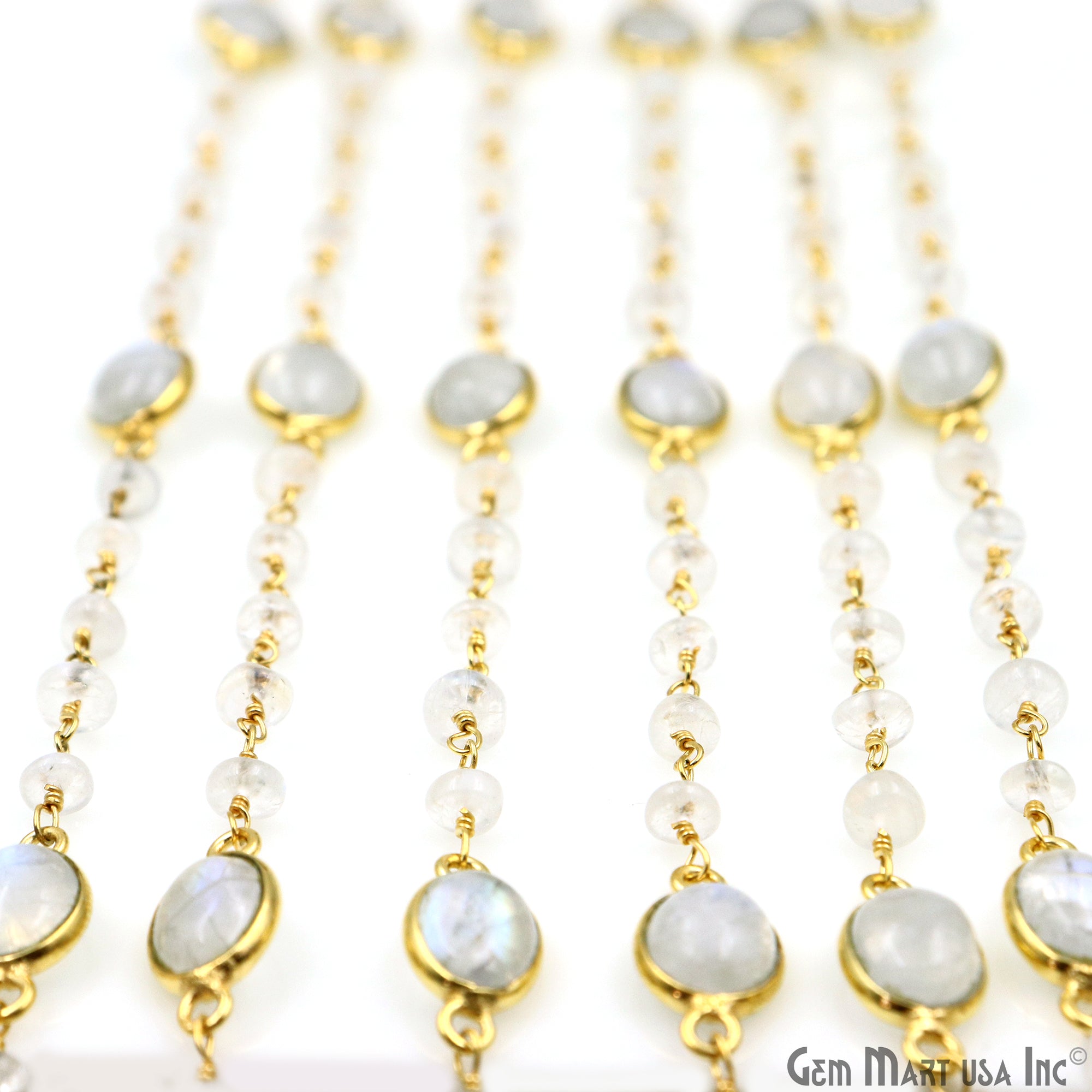 Rainbow Moonstone Beads & Bezel Connector Gold Plated Rosary Chain