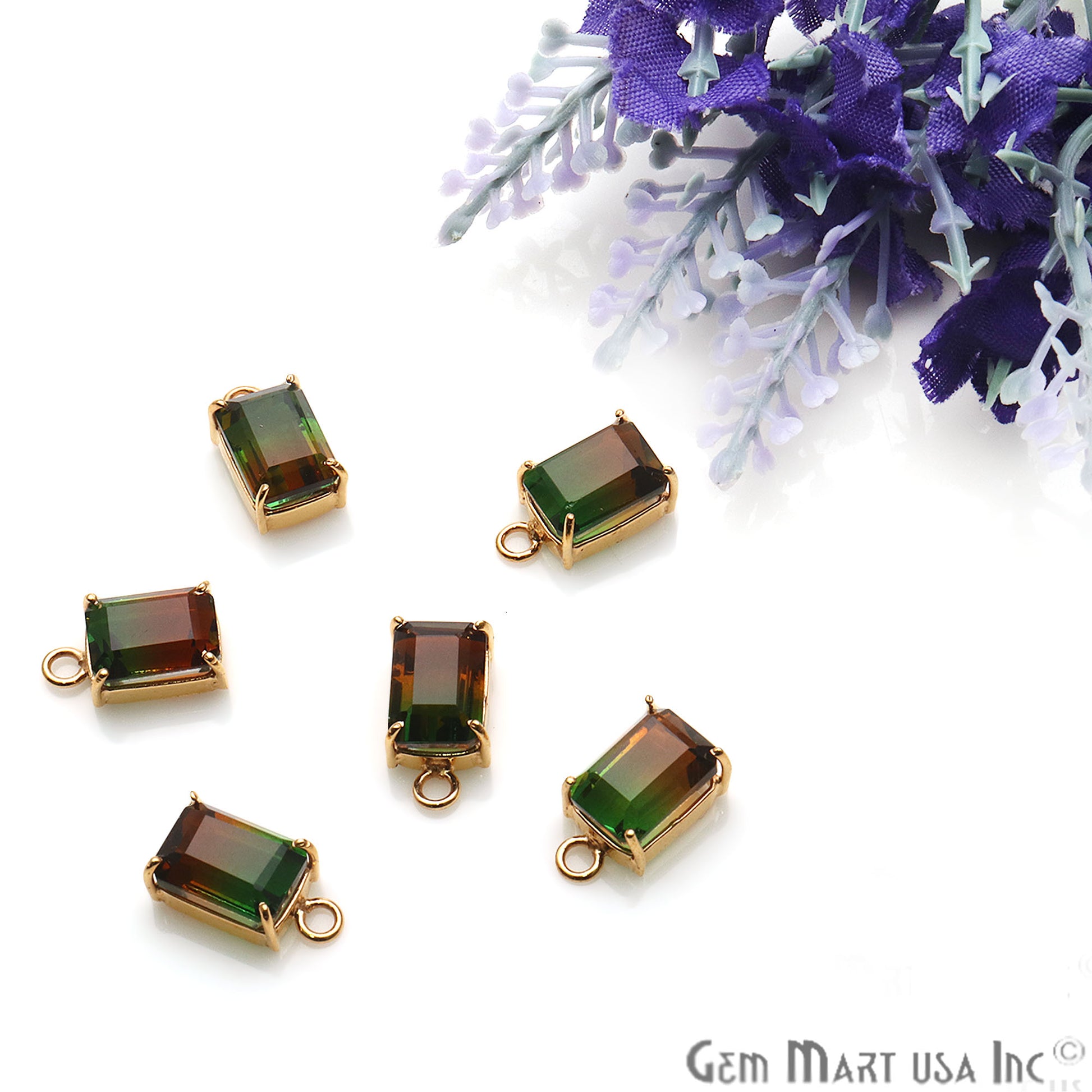 Green & Red 6x8mm Rectangle Gold Plated Prong Setting Gemstone Connector - GemMartUSA