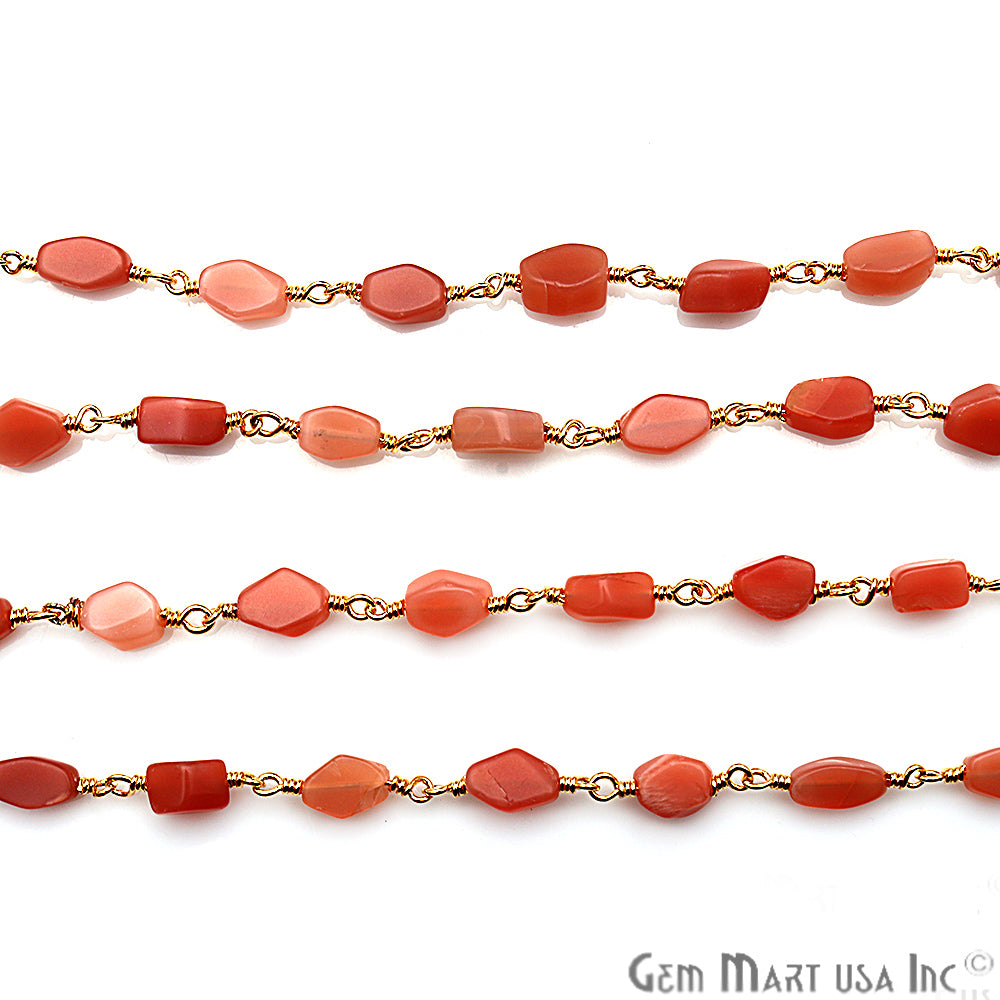 Orange Moonstone 6x9mm Gold Plated Wire Wrapped Beaded Rosary Chain - GemMartUSA