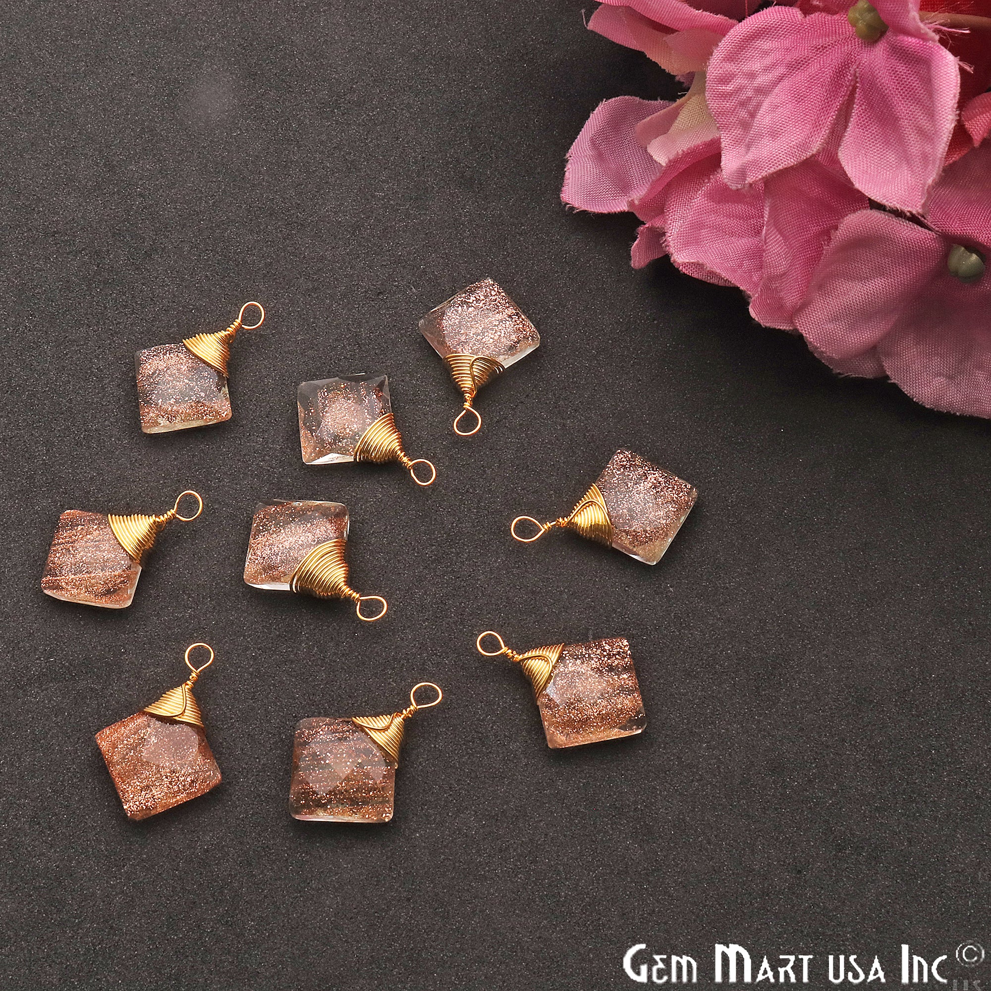 Copper Infused Square 12mm Gold Plated Wire Wrapped Gemstone Connector - GemMartUSA