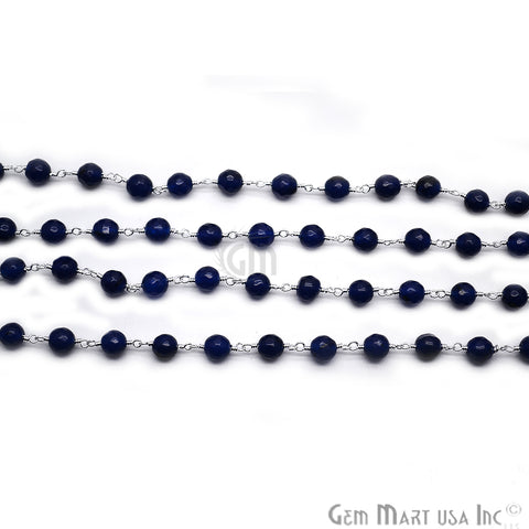 Dark Blue Jade Faceted Rondelle Beads Silver Plated Wire Wrapped Rosary Chain (763832041519)