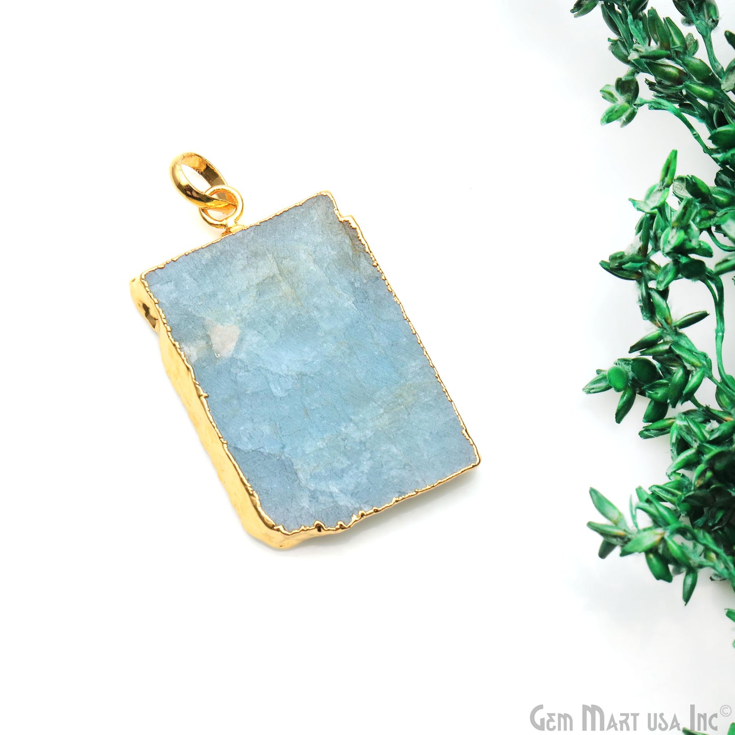 Aquamarine Free Form shape 40x25mm Gold Electroplated Gemstone Single Bail Pendant