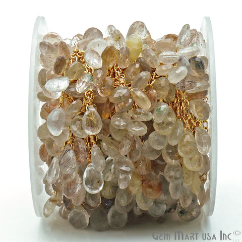 Golden Rutile Faceted Drop Beads Gold Wire Wrapped Dangle Rosary Chains - GemMartUSA