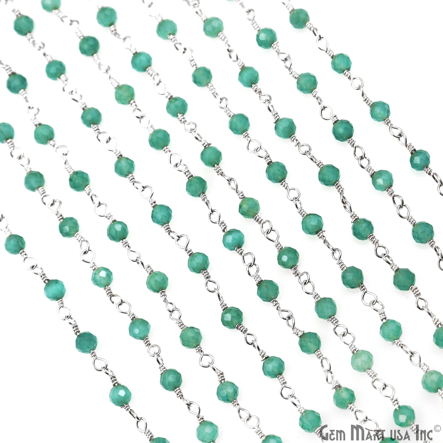 Dark Green Monalisa 3-3.5mm Beads Silver Wire Wrapped Rosary Chain