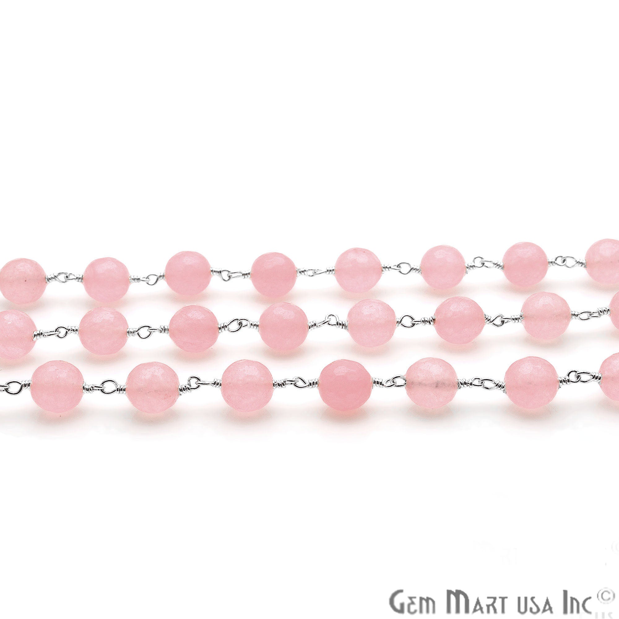 Baby Pink Jade Faceted Silver Plated Wire Wrapped Rosary Chain - GemMartUSA