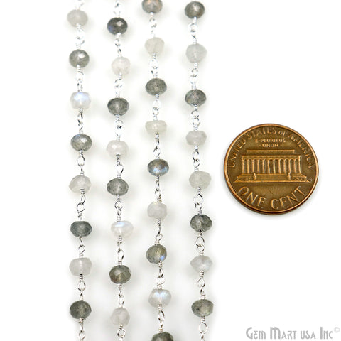 Labradorite & Rainbow Moonstone 4mm Silver Plated Beaded Wire Wrapped Rosary Chain