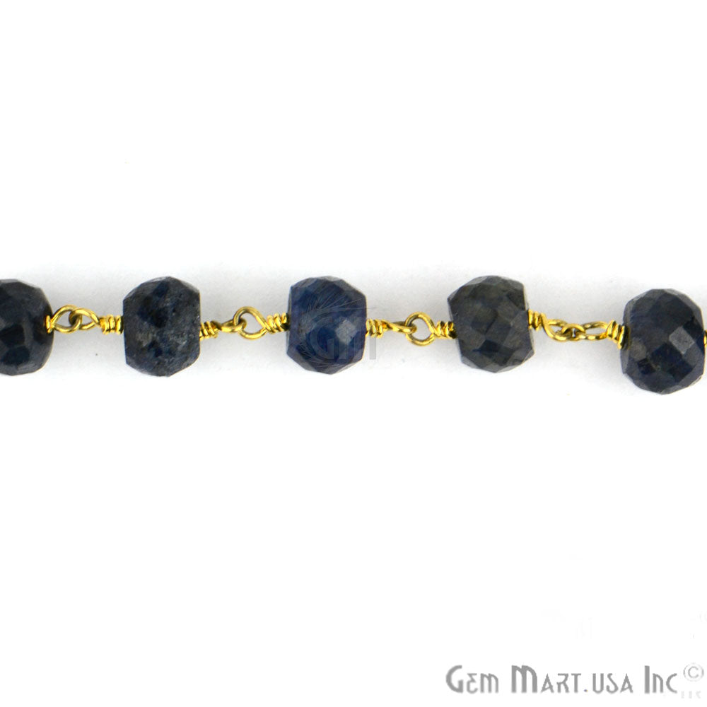 Sapphire 6-7mm Beads Chain, Gold Plated Wire Wrapped Rosary Chain - GemMartUSA (763921203247)