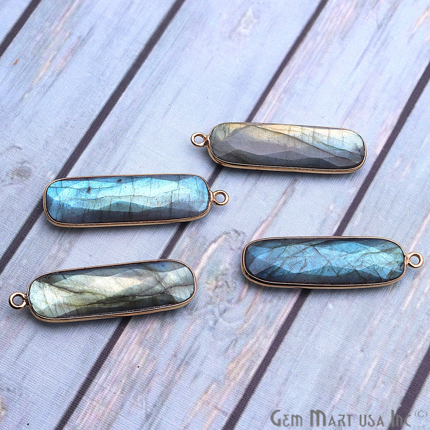 Labradorite Bar Charm 32x8mm Gold Plated Single Bail Gemstone Connector - GemMartUSA