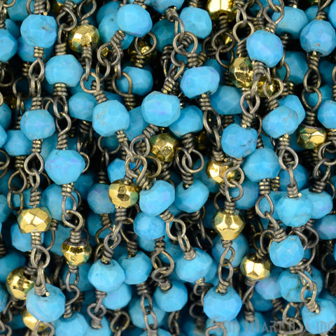 Turquoise With Gold Pyrite Oxidized Wire Wrapped Beads Rosary Chain (764423634991)
