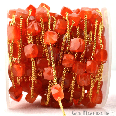 Carnelian 7-8mm Box Beads Chain, Gold Plated Wire Wrapped Rosary Chain - GemMartUSA (762944618543)