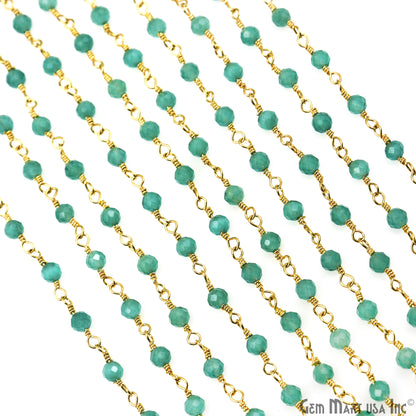 Dark Green Monalisa 3-3.5mm Beads Gold Wire Wrapped Rosary Chain