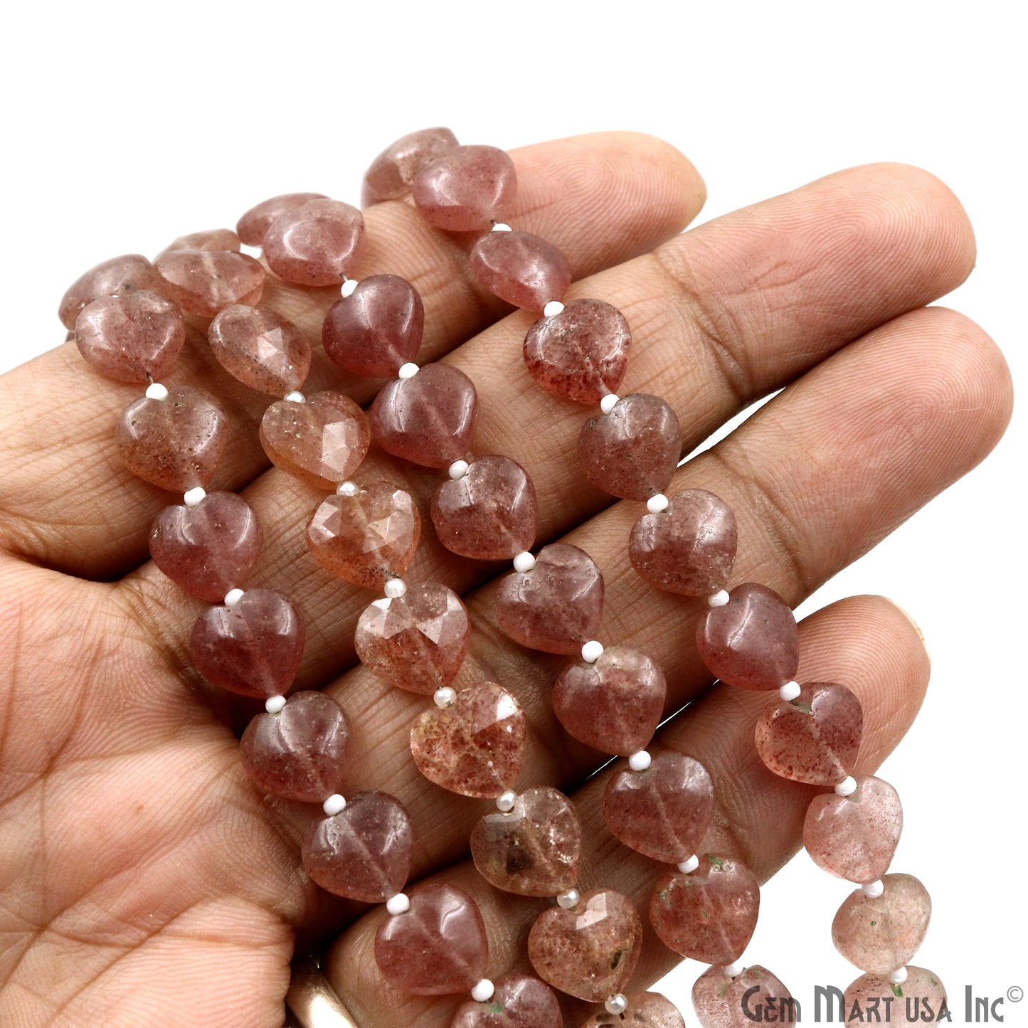 Strawberry Quartz Heart Beads, 7 Inch Gemstone Strands, Drilled Strung Briolette Beads, Heart Shape, 10mm