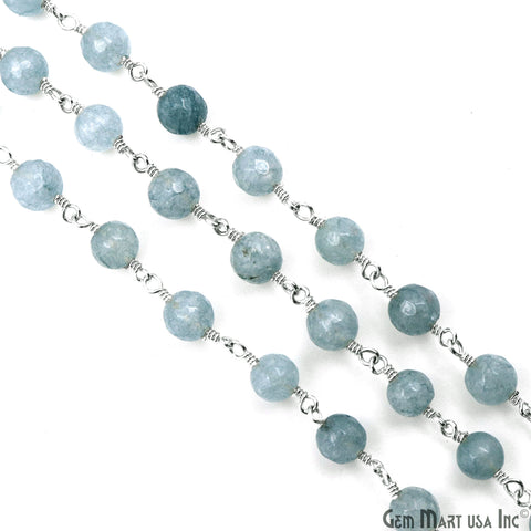 Gray Jade 6mm Faceted Beads Silver Wire Wrapped Rosary Chain