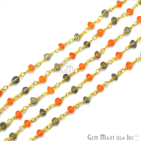 Carnelian With Labradorite Beads Rosary Chain, Gold Plated Wire Wrapped Rosary Chain