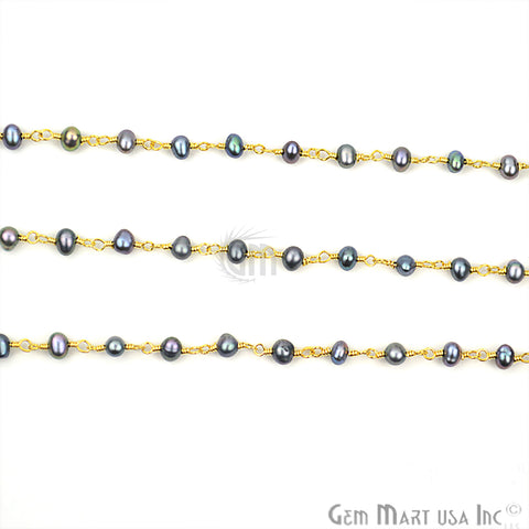 Black Pearl Gold Plated Wire Wrapped Beads Rosary Chain - GemMartUSA (763640643631)