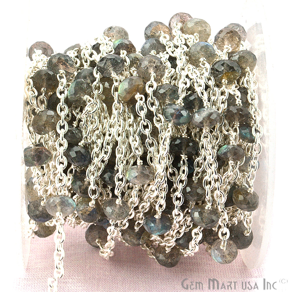 Labradorite Rondelle Beads Chain, Silver Plated Wire Wrapped Rosary Chain (763875164207)