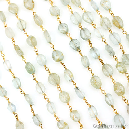 Aquamarine 8x5mm Tumble Beads Gold Plated Rosary Chain