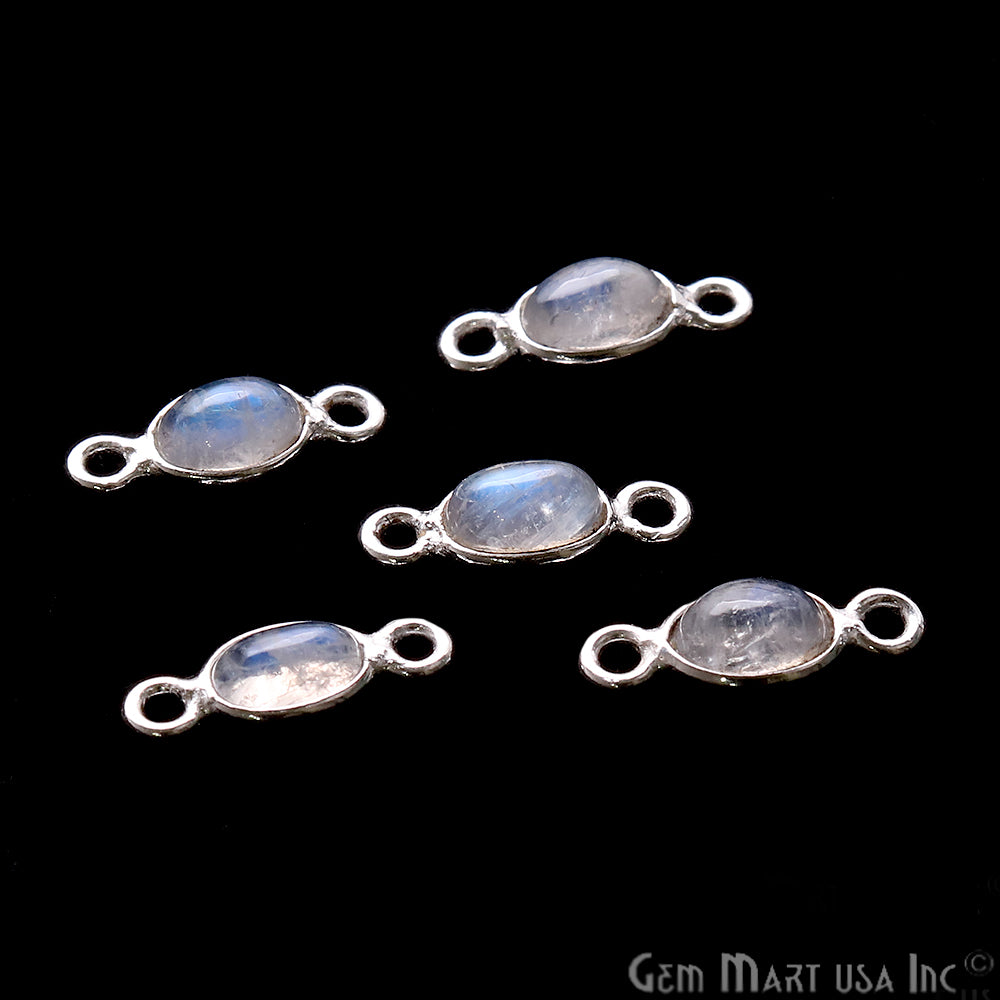 Rainbow Moonstone Cabochon 6x4mm Oval Shape Silver Plated Double Bail Gemstone Connector - GemMartUSA