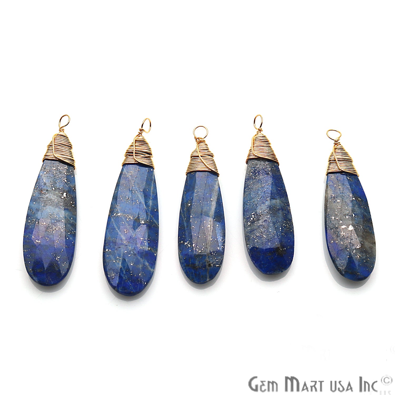 Lapis Lazuli 41x10mm Pear Shaped Gold Wire Wrapped Connector Pendant - GemMartUSA