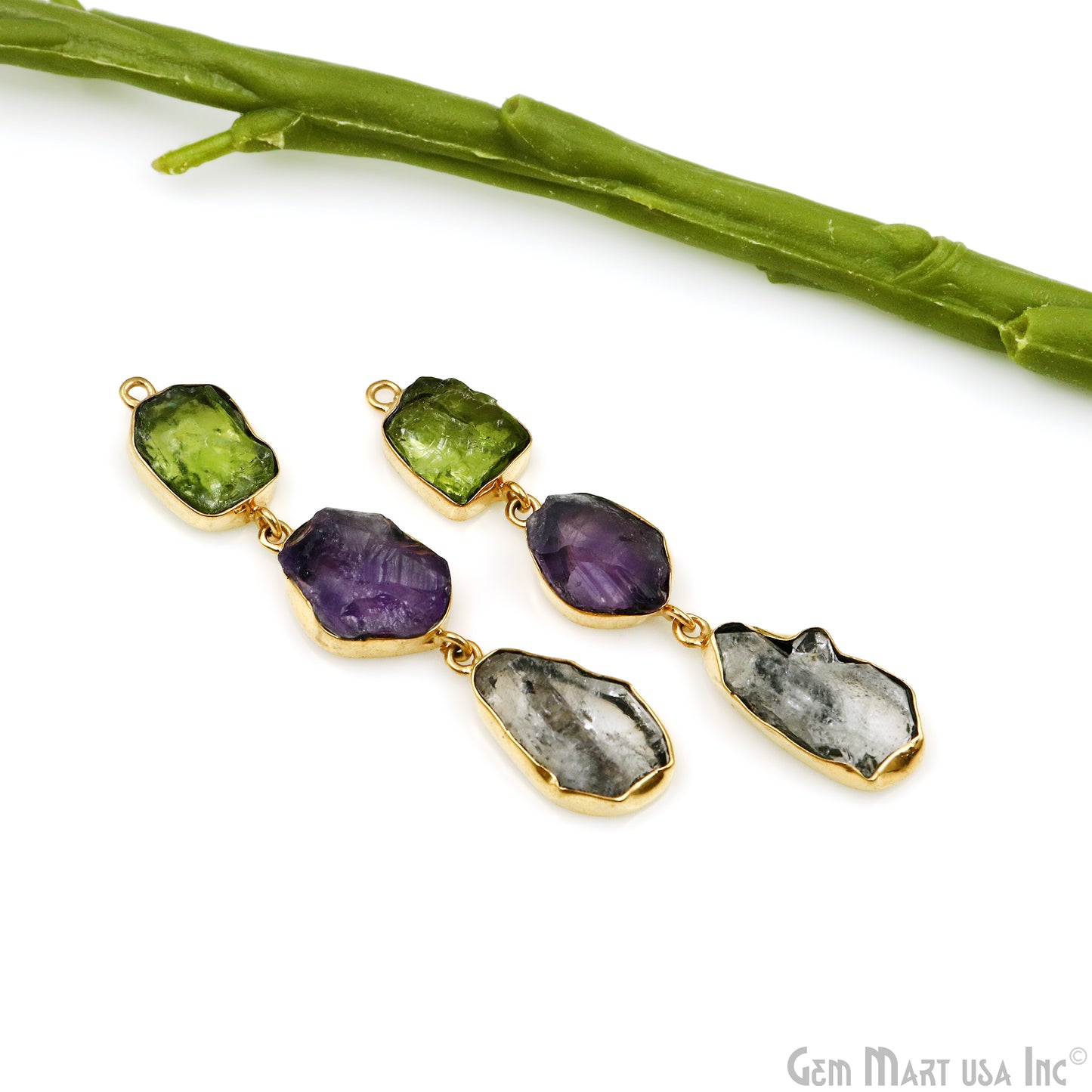 Rough Long Gemstone Bezel Setting Gold Plated Earring Connector