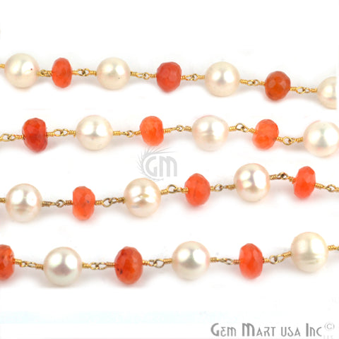 Carnelian With Pearl 7-9mm Beads Chain, Gold Plated Wire Wrapped Rosary Chain - GemMartUSA (764032483375)