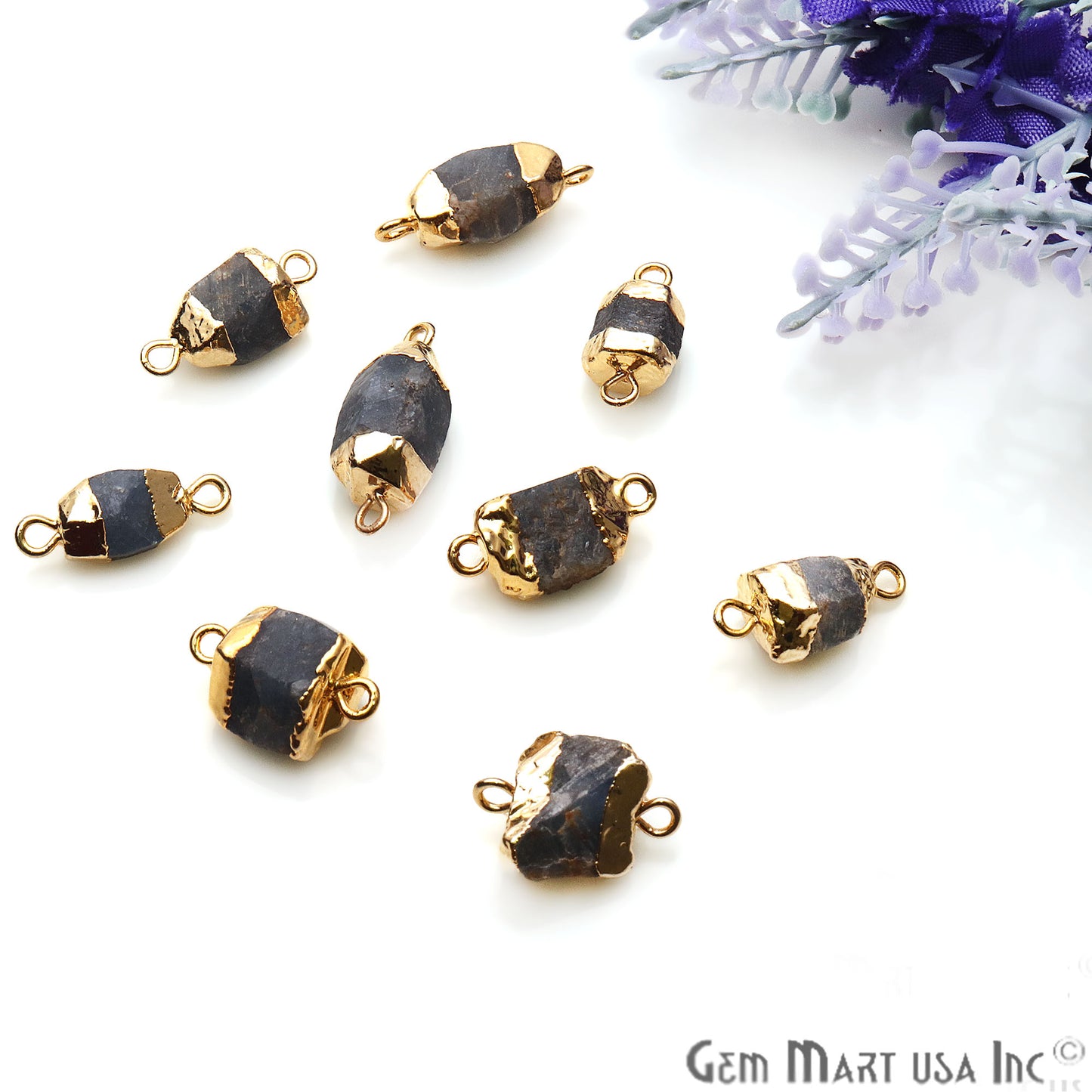 Rough Sapphire Gemstone 15x8mm Gold Edged Double Bail Bracelets Charm Connectors - GemMartUSA