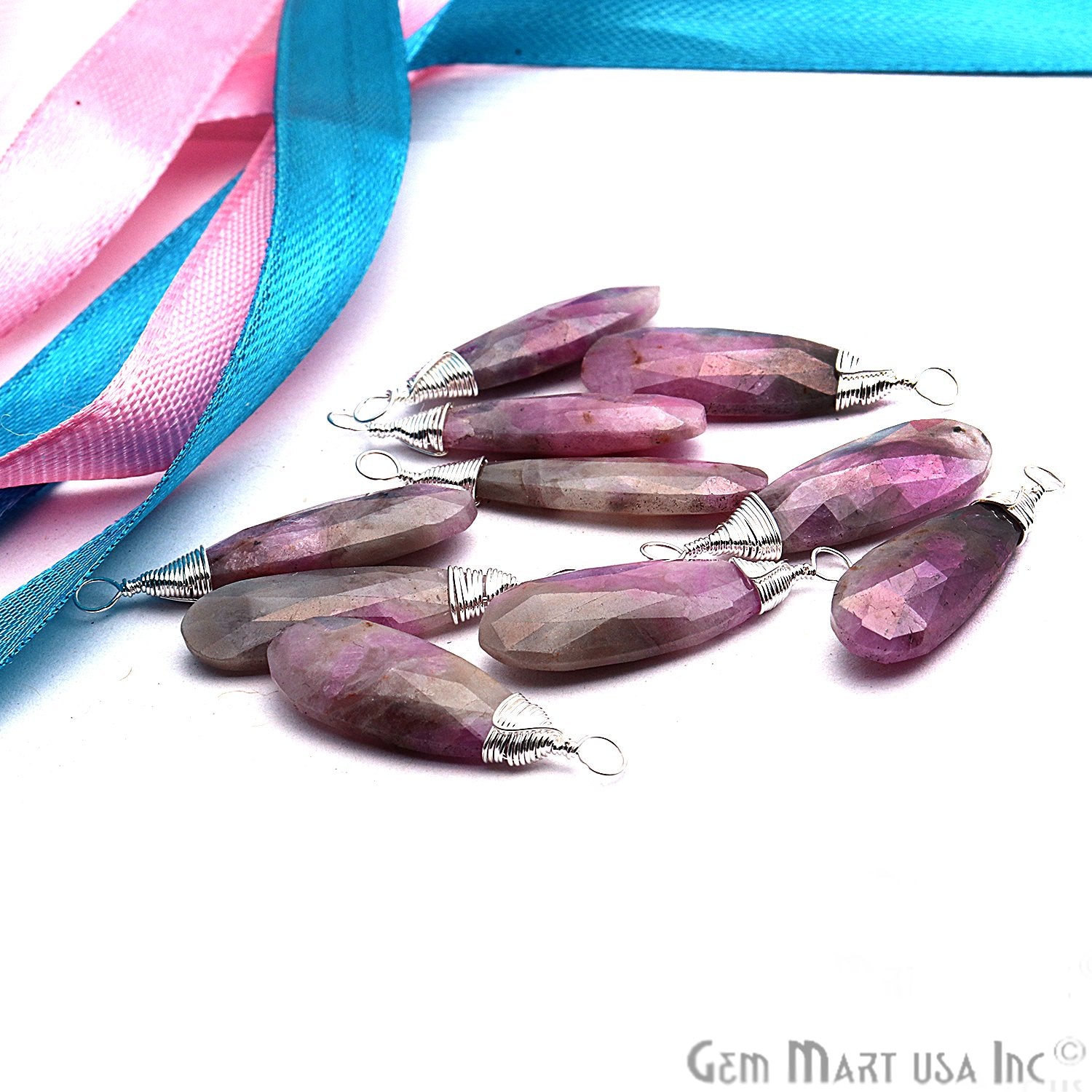 Pink Ruby Zoisite Silver Wire Wrapped 32x8mm Jewelry Making Pears Shape Connector - GemMartUSA