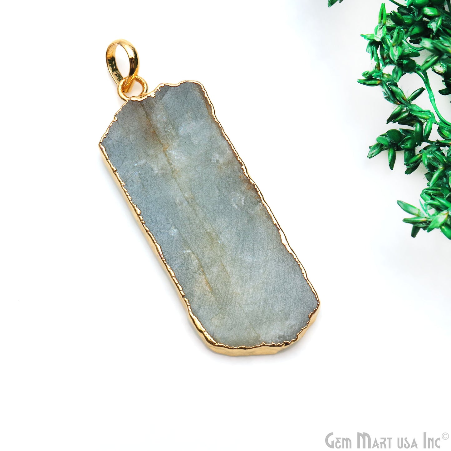 Aquamarine Free Form shape 49x18mm Gold Electroplated Gemstone Single Bail Pendant