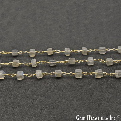 Labradorite Cube 5-6mm Gold Plated Wire Wrapped Beads Rosary Chain - GemMartUSA (763747106863)