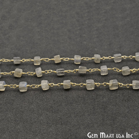Labradorite Cube 5-6mm Gold Plated Wire Wrapped Beads Rosary Chain - GemMartUSA (763747106863)