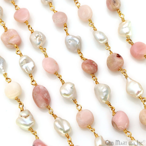 Pink Opal Tumble Beads 8x5mm & Pearl 5-6mm Beads Gold Plated Rosary Chain