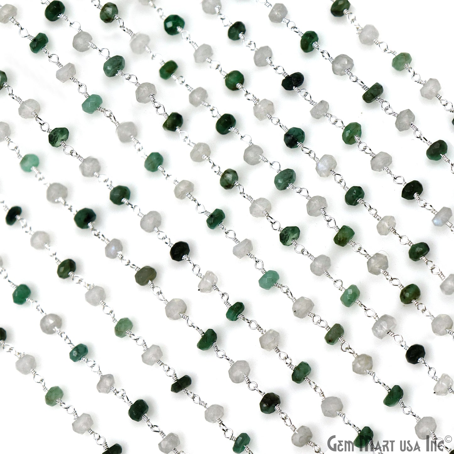 Emerald & Rainbow Faceted Beads 4mm Silver Wire Wrapped Rosary Chain