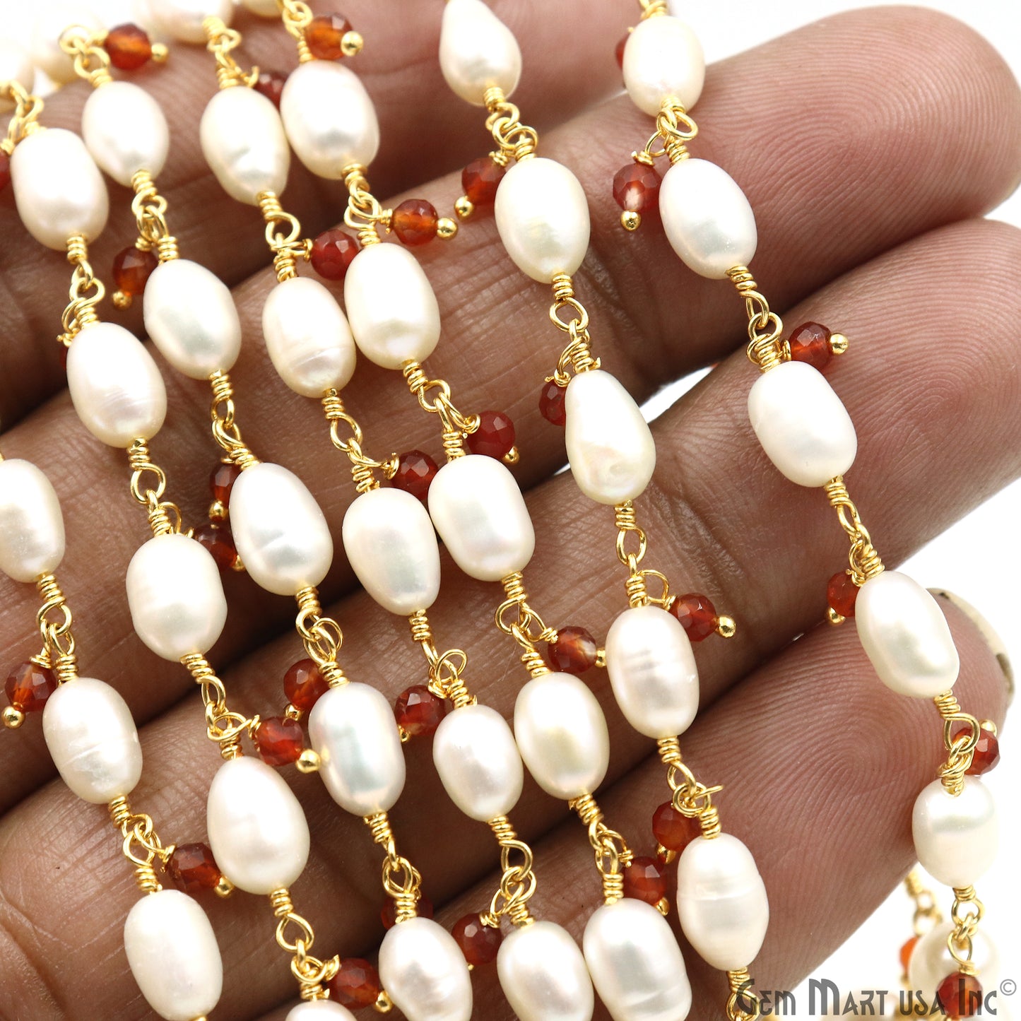 Pearl And Carnelian Faceted Beads Gold Wire Wrapped Beads Rosary Chain