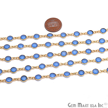 Blue Chalcedony 5mm Bezel Link Gold Plated Continuous Connector Chain - GemMartUSA