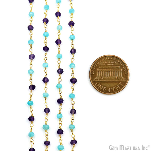 Amethyst & Amazonite Beads 3-3.5mm Gold Plated Wire Wrapped Rosary Chain
