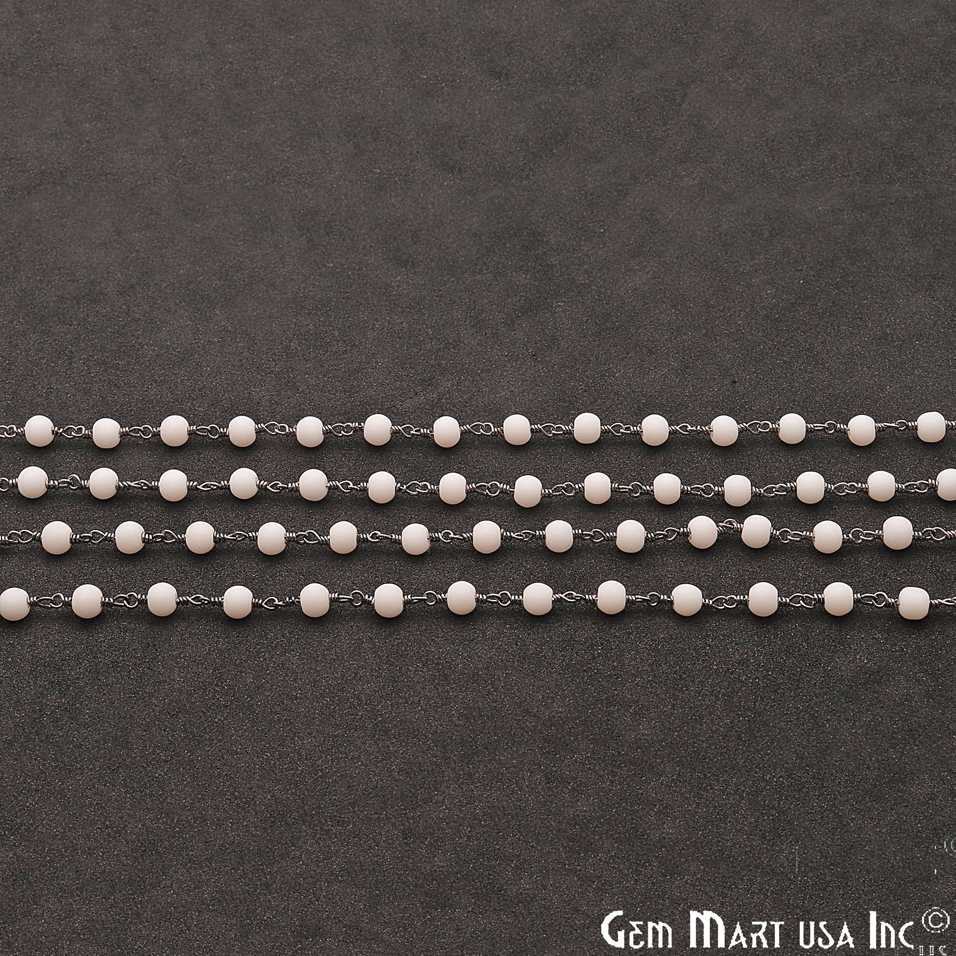 White Agate 4mm Round Oxidized Wire Wrapped Matte Beads Rosary Chain - GemMartUSA