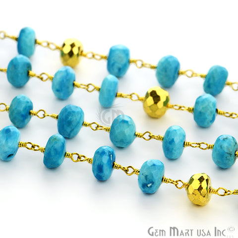 Turquoise With Golden Pyrite 6-7mm Gold Plated Wire Wrapped Rosary Chain - GemMartUSA (764056928303)