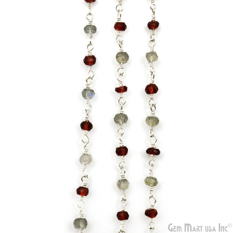 Garnet & Labradorite Faceted Beads 3-3.5mm Silver Plated Gemstone Rosary Chain