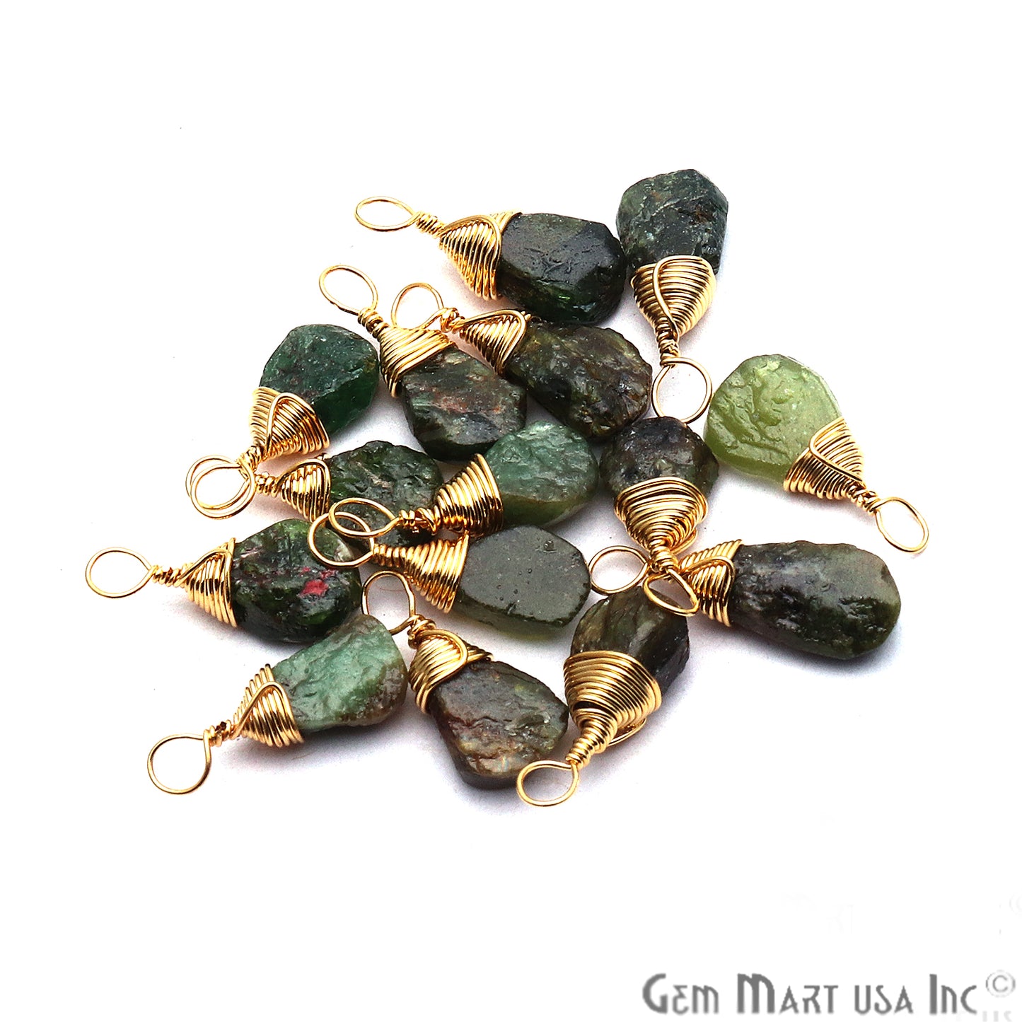 Green Garnet Gold Wire Wrapped 15x7mm Jewelry Making Drop Shape Connector - GemMartUSA