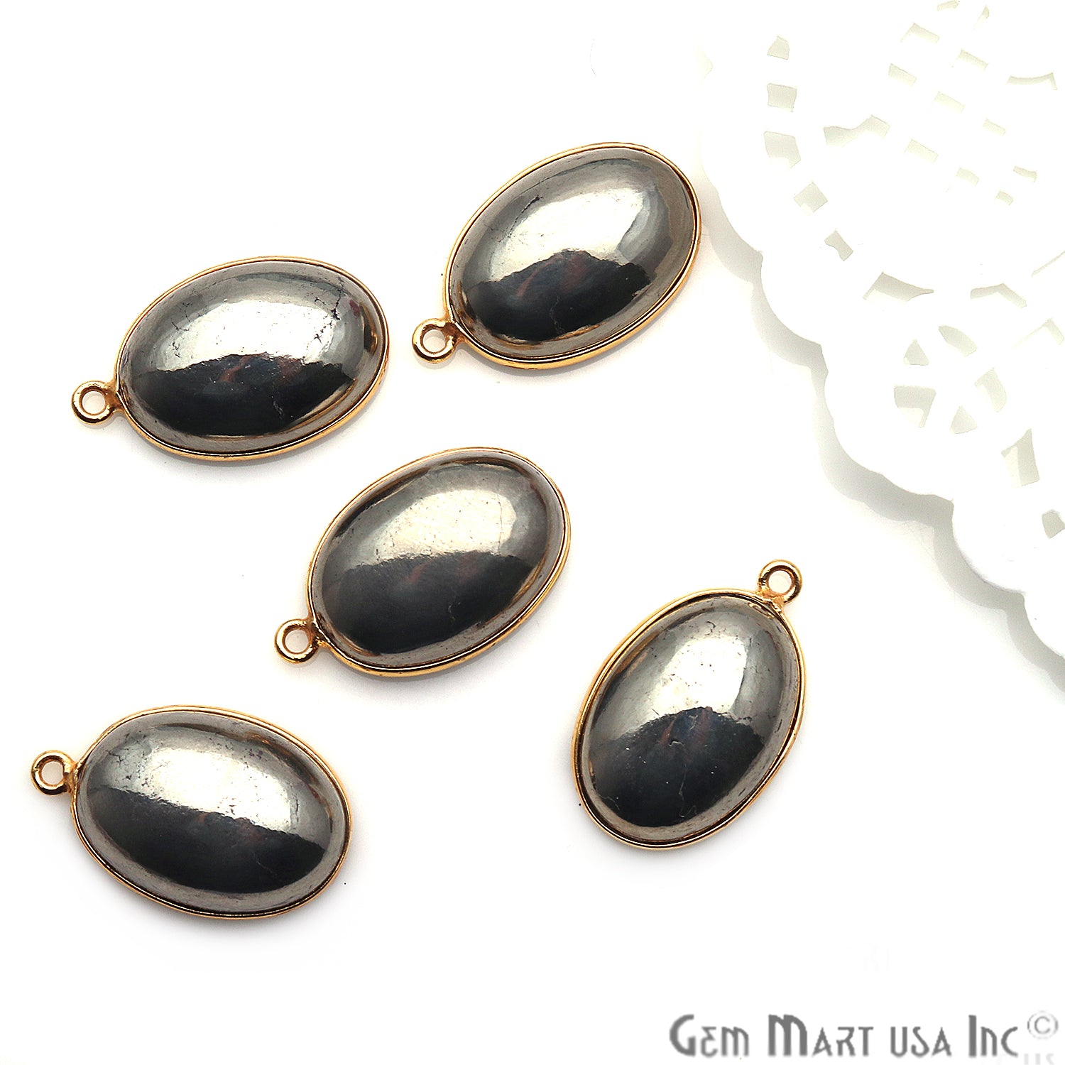 Pyrite Oval Cabochon 13x18mm Gold Plated Single Bail Connector - GemMartUSA