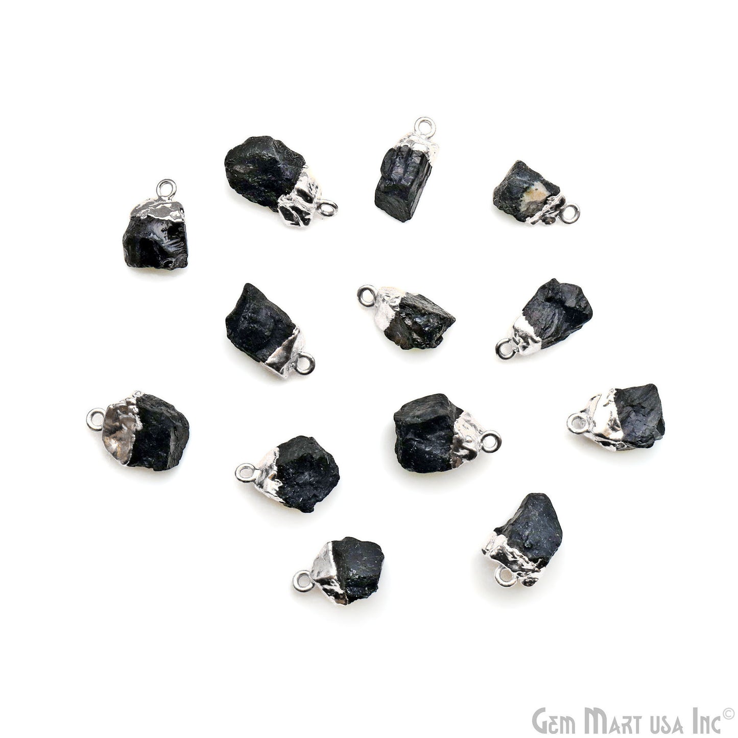 Rough Black Tourmaline Gemstone 15x10mm Organic Silver Edged Single Bail Connector Charm