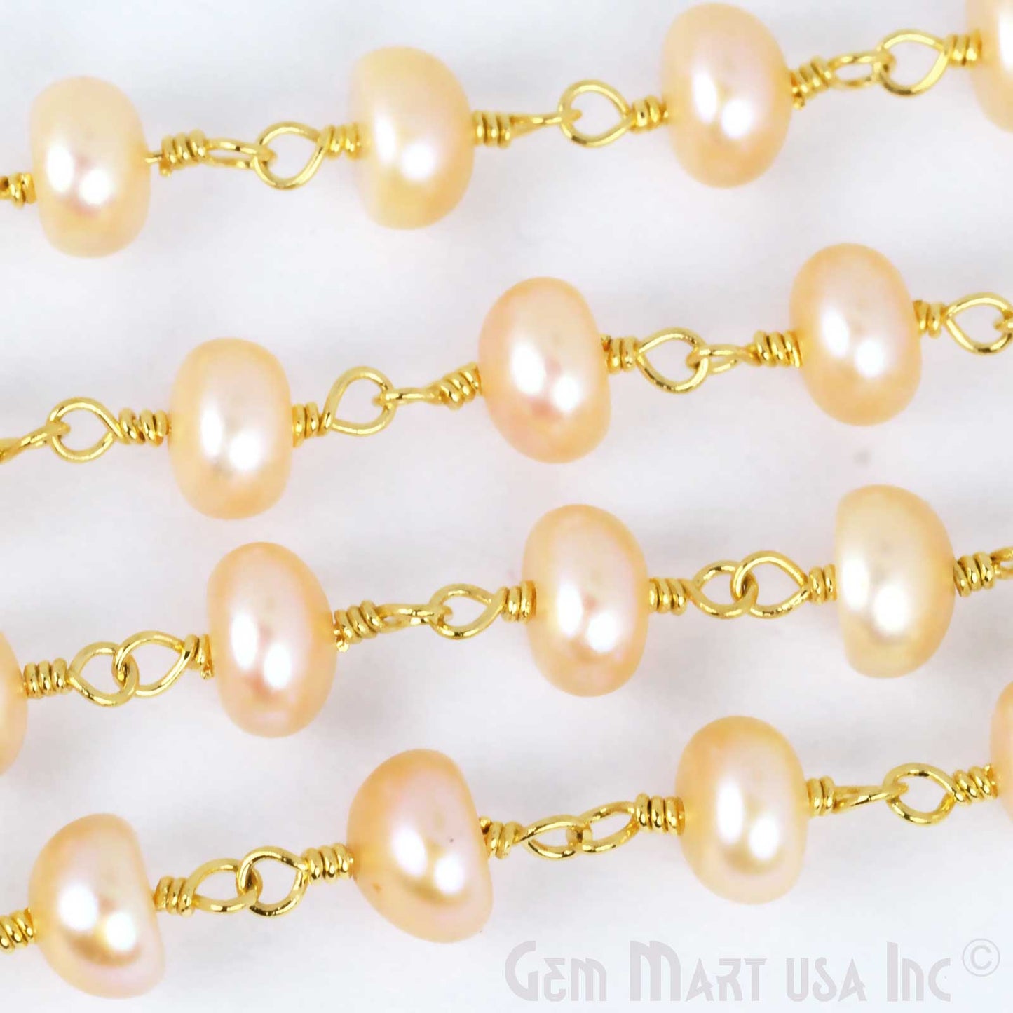 Pink Pearl Round 5mm Gold Plated Wire Wrapped Gemstone Rosary Chain - GemMartUSA