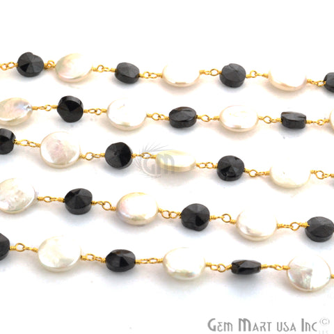 Black Spinel 6-7mm With Pearl 9-10mm Gold Plated Wire Wrapped Beads Rosary Chain - GemMartUSA (763923824687)