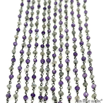 Amethyst & Labradorite 3-3.5mm Oxidized Faceted Beads Wire Wrapped Rosary Chain