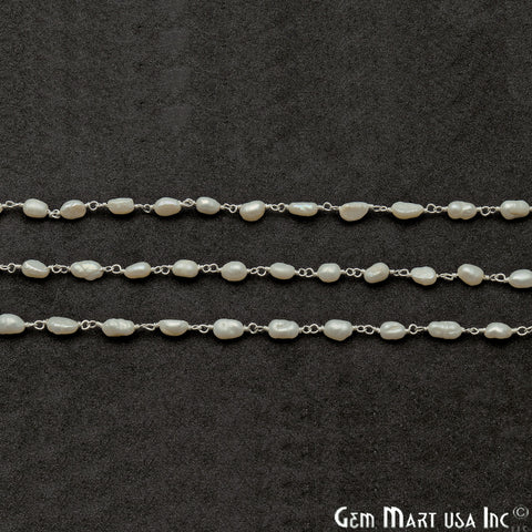 Pearl Oval 7x5mm Silver Plated Wire Wrapped Rosary Chain - GemMartUSA