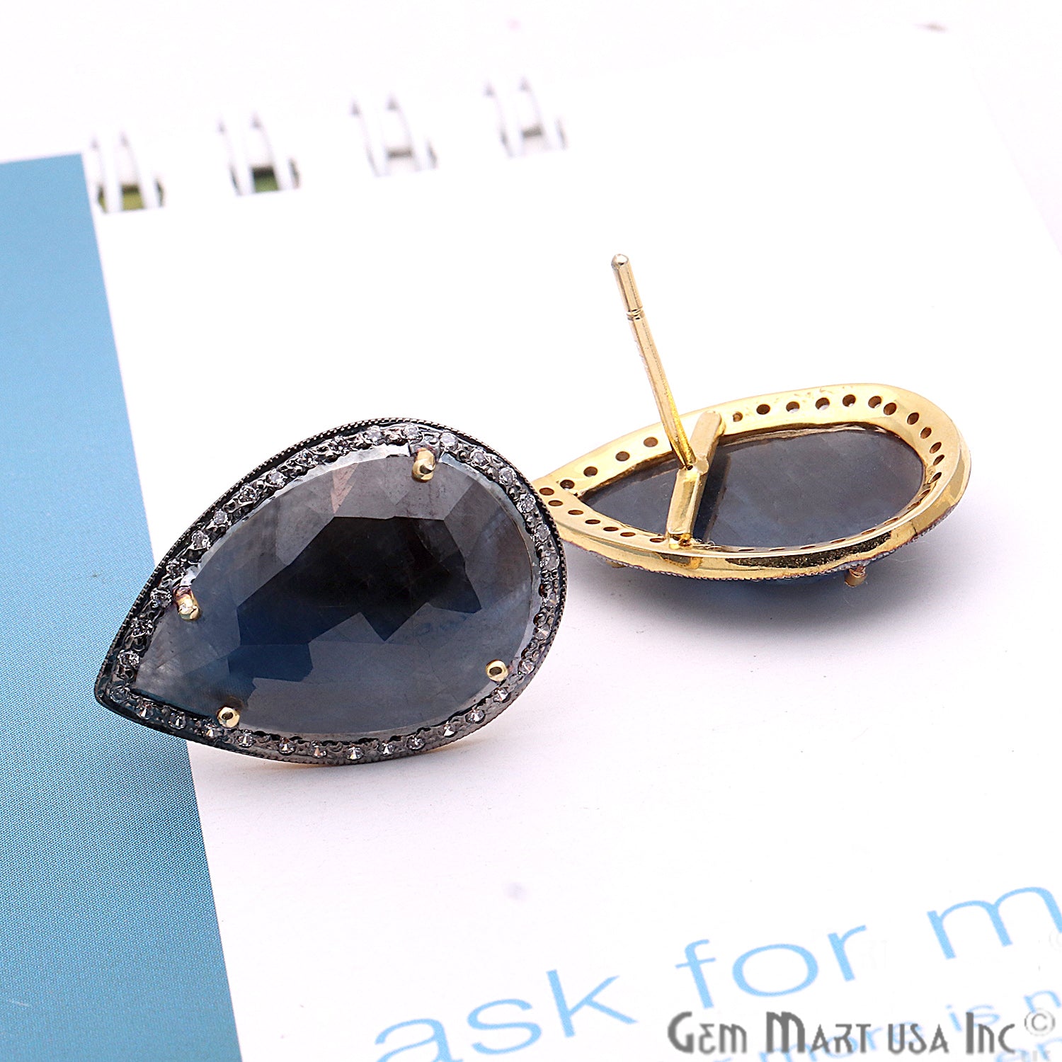 Sapphire With Cubic Zircon Pave 25x17mm Gold Vermeil Stud Earring - GemMartUSA