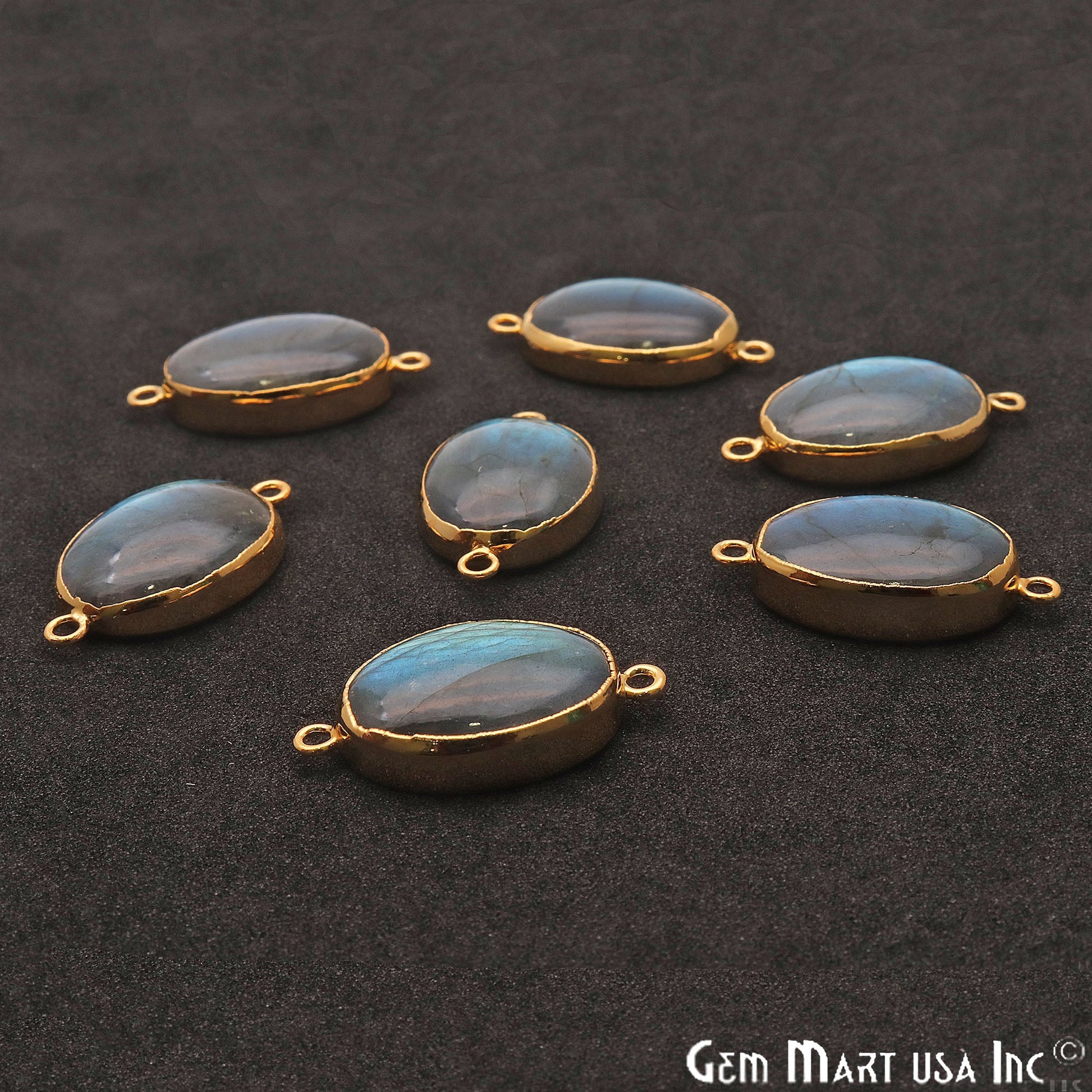 Labradorite Cabochon 30x16mm Oval Gold Electroplated Double Bail Gemstone Connector - GemMartUSA