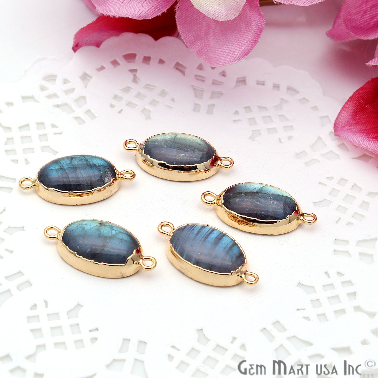 Flashy Labradorite Oval Shape Gold Edge 23x12mm Double Bail Connector - GemMartUSA